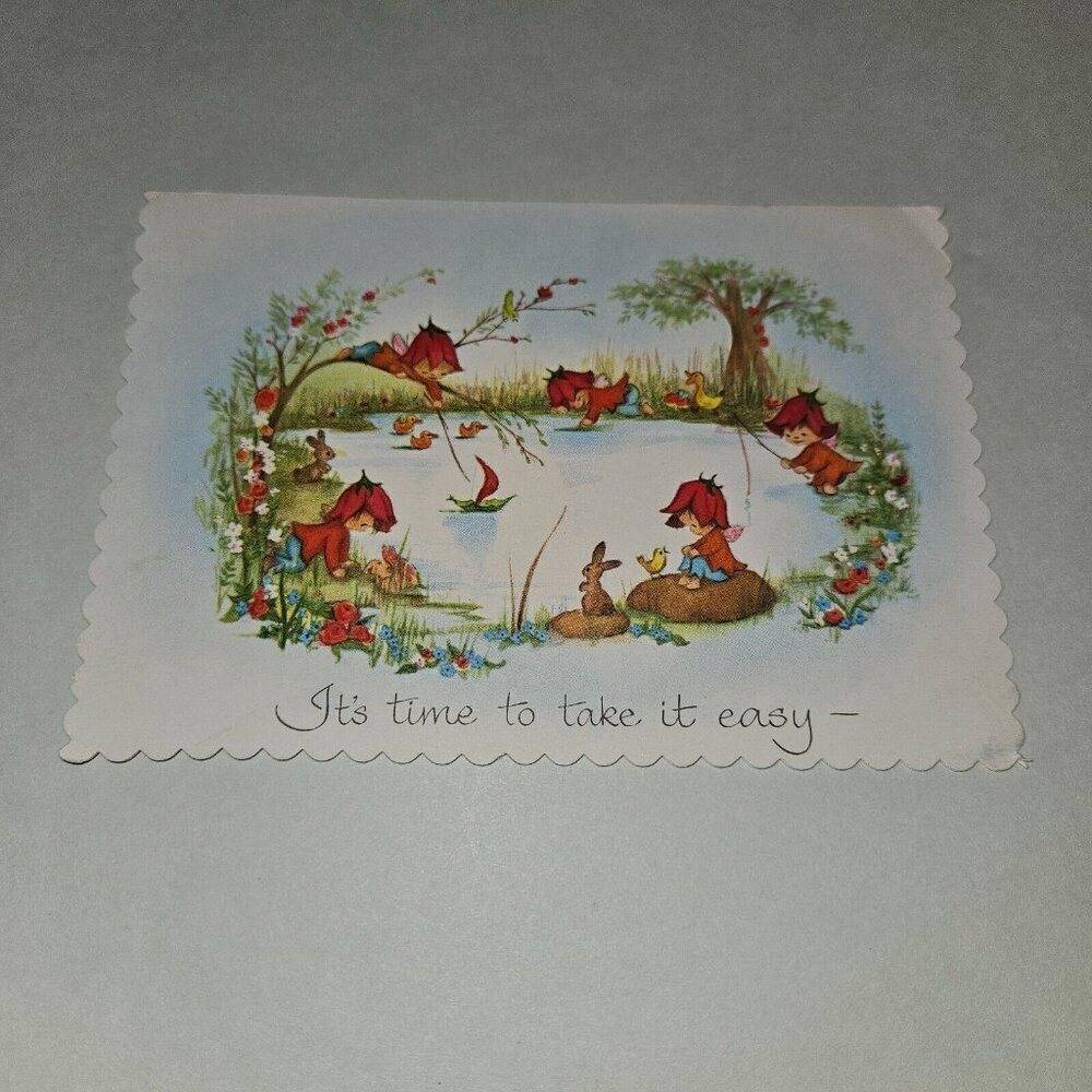 VTG Get Well Greeting Card Child Lake Bunny Duck Scalloped Edges Famous Artists